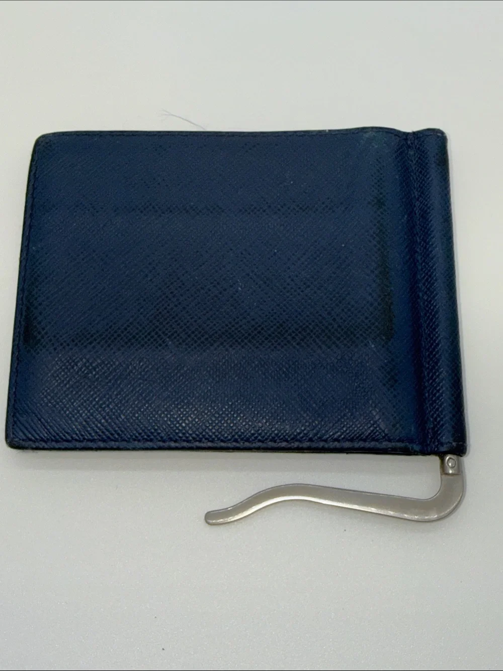 Prada Navy Saffiano Leather Money Clip Wallet with Gold Logo